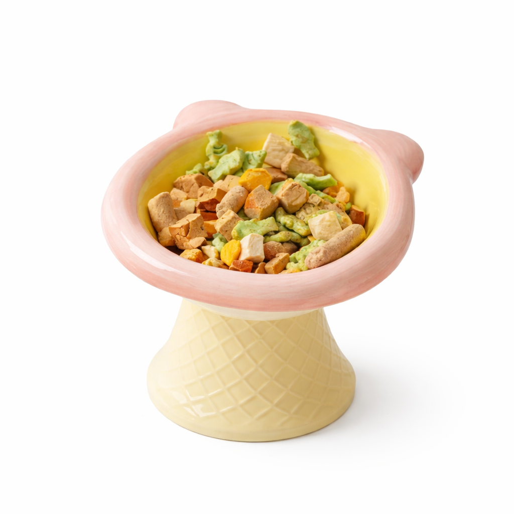 Elevated Ceramic Cat Bowl - Ice Cream Shape